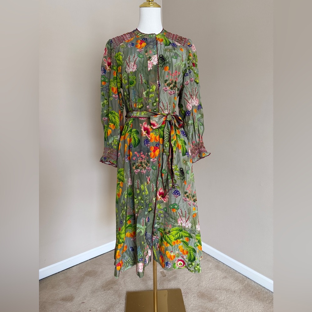 Love Binetti Rhea 100% Silk Botanical Garden Midi Dress Belted Romantic Medium